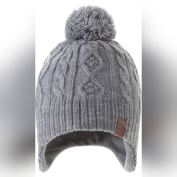 Size 55cm Kids Aged 6-10 Beanie Fleece Winter Hat Gray With Pompom And Earflaps - Picture 2 of 4